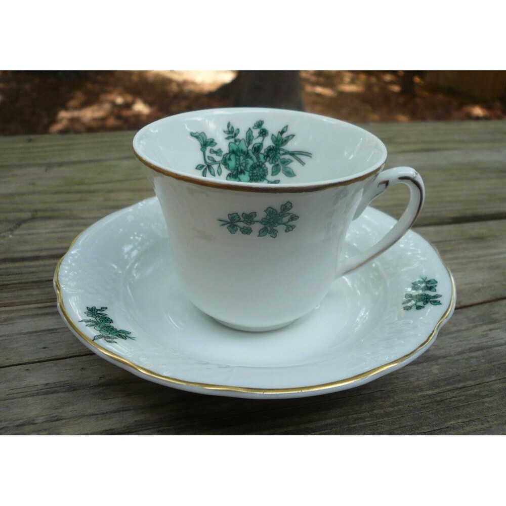 Vista Alegre Porcelain Green Rose Demitasse Cup & Saucer Portugal